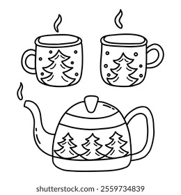 Tea set, teapot and mugs with hot drink with winter print. Winter season. Black and white vector isolated illustration hand drawn doodle. Cozy warm atmosphere coloring