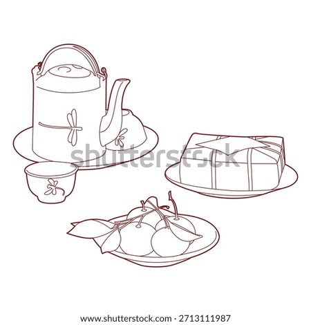 a tea set with a teapot, teacup, banh chung cake - vietnam lunar new year