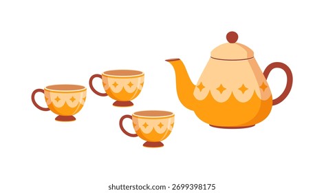 Conjunto de chá com bule e três xícaras ilustração no fundo branco isolado