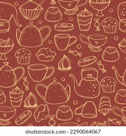 Tea set. Teapots , cups and cakes on white background. Vector  seamless pattern. 