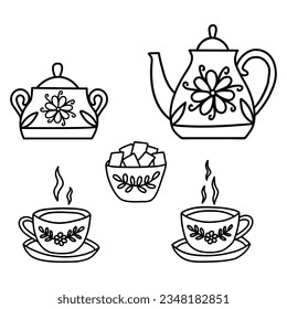 Tea set. Two cups of tea with saucers, sugar bowl, teapot. Beautiful decorated service, vintage crockery. Black and white vector isolated illustration hand drawn doodle. Secular tea drinking