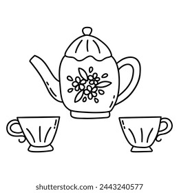 Tea set. Two cups of tea and teapot with flowers print. Beautiful decorated service, vintage crockery. Black and white vector isolated illustration hand drawn doodle. Secular tea drinking