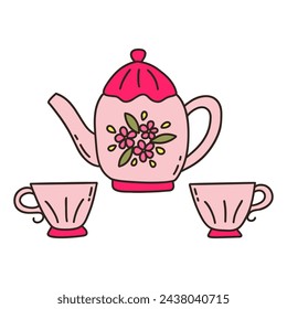 Tea set. Two pink cups of tea and teapot with flowers print. Beautiful decorated service, vintage crockery. Colorful vector isolated illustration hand drawn doodle. Secular tea drinking