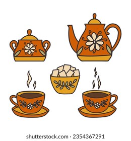 Tea set. Two red cups of tea with saucers, sugar bowl, teapot. Beautiful decorated service, vintage crockery. Colorful vector isolated illustration hand drawn doodle. Secular tea drinking