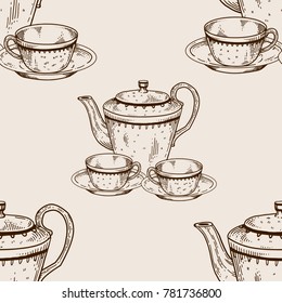 Tea set utensil engraving seamless pattern vector illustration. Brown aged background. Scratch board style imitation. Hand drawn image.