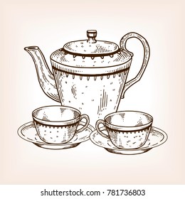 Tea set utensil engraving vector illustration. Brown aged background. Scratch board style imitation. Hand drawn image.