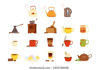 Tea set, various kitchen utensils, tea cup and kettle vector Illustrations