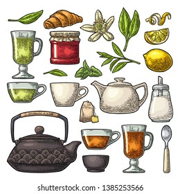 Tea set. Vector engraving illustration isolated on white