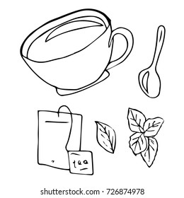Tea set vector illustration. Doodle style. Design icon, print, logo, poster, symbol, decor, textile, paper.
