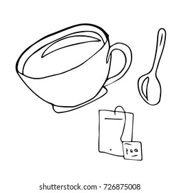 Tea set vector illustration. Doodle style. Design icon, print, logo, poster, symbol, decor, textile, paper.