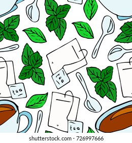 Tea set vector illustration. IDoodle style. Design icon, print, logo, poster, symbol, decor, textile, paper.