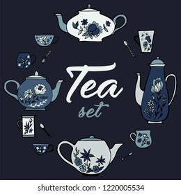 Tea set vector illustration teapot cup teaspoon hand drawing