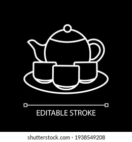 Tea set white linear icon for dark theme. Serving drinks. Tea ceremony. Pitches and saucer, teacups. Thin line customizable illustration. Isolated vector contour symbol for night mode. Editable stroke