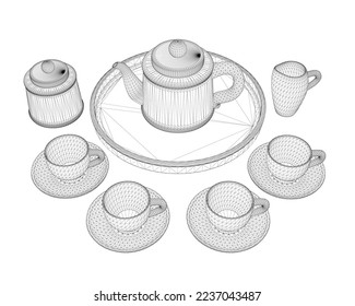 Cableado de té con tazas y tetera de líneas negras aisladas en fondo blanco. Vista frontal. 3 D. Ilustración vectorial.