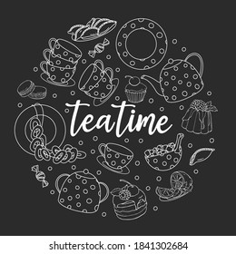 Tea set and the words Tea time are arranged in the shape of a circle. White outline on a black background. Vector illustration on a white background. Hand-drawn.