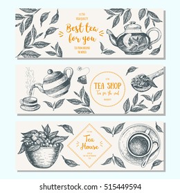 Tea shop banner set. Horizontal banner collection for tea design. Linear graphic. Vector illustration.