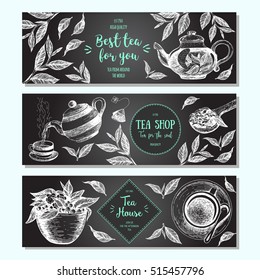 Tea shop banner set. Horizontal banner collection for tea design. Linear graphic. Vector illustration.