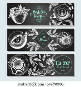 Tea shop banner set. Horizontal banner collection for tea design. Linear graphic. Vector illustration