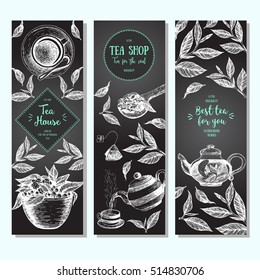 Tea shop banner set.  Vertical  banner collection for tea design. Linear graphic. Vector illustration.