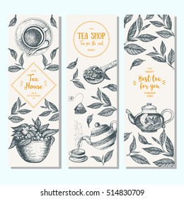 Tea shop banner set.  Vertical  banner collection for tea design. Linear graphic. Vector illustration.