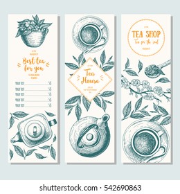 Tea shop banner set. Vertical banner collection for tea design. Linear graphic. Vector illustration