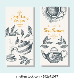 Tea shop banner set. Vertical flyer collection for tea design. Linear graphic. Vector illustration