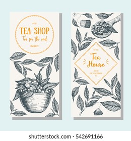 Tea shop banner set. Vertical flyer collection for tea design. Linear graphic. Vector illustration