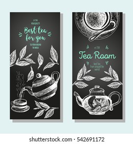 Tea shop banner set. Vertical flyer collection for tea design. Linear graphic. Vector illustration