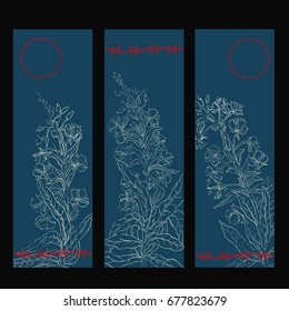 Tea shop banner set. Vertical banner collection for tea design. Linear graphic. Vector illustration.	