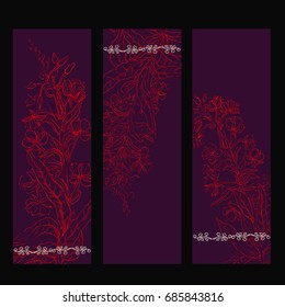 Tea shop banner set. Vertical banner collection for tea design. Linear graphic. Vector illustration.