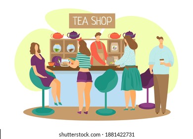 Tea shop, cartoon man woman people character drink tea concept vector illustration. Friend person hold cup at cafe design interior. Flat beverage with food, meeting in modern cafeteria.