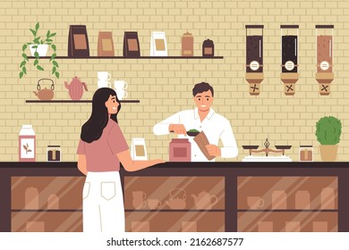 Tea shop concept with salesman and female customer flat vector illustration
