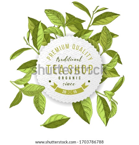 Tea shop emblem with hand drawn tea leaves. Vector illustration