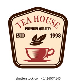 Tea shop emblem template. Design element for logo, label, sign, poster, flyer. Vector illustration