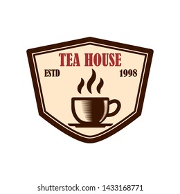 Tea shop emblem template. Design element for logo, label, sign, poster, flyer. Vector illustration