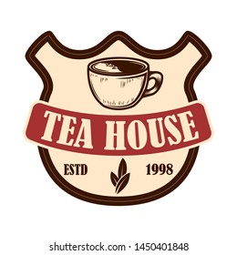 Tea shop emblem template. Design element for logo, label, sign, poster, flyer. Vector illustration