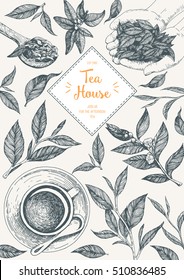Tea Shop frame vector illustration. Vector card design with tea. Tea house poster. Vector hand drawn set. Linear graphic