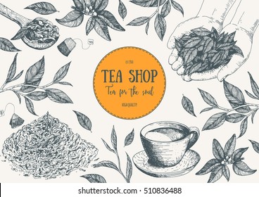 Tea Shop frame vector illustration. Vector card design with tea. Tea house poster. Vector hand drawn set. Linear graphic.