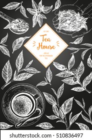 Tea Shop frame vector illustration. Vector card design with tea. Tea house poster. Vector hand drawn set. Linear graphic.