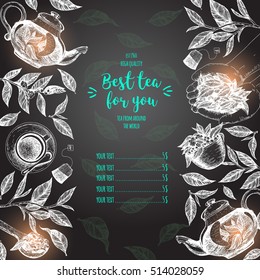 Tea shop frame vector illustration. Vector card design with tea. Tea house poster. Vector hand drawn set. Menu template with teapot, cup, leaves. Linear graphic