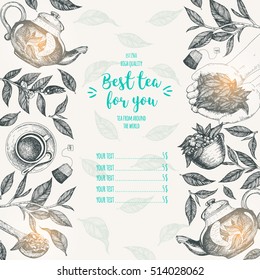 Tea shop frame vector illustration. Vector card design with tea. Tea house poster. Vector hand drawn set. Menu template with teapot, cup, leaves. Linear graphic