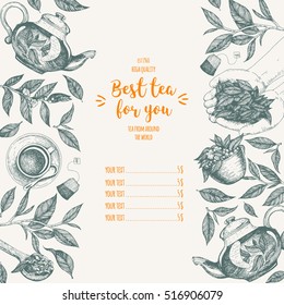 Tea shop frame vector illustration. Vector card design with tea. Tea house poster. Vector hand drawn set. Menu template with teapot, cup, leaves. Linear graphic