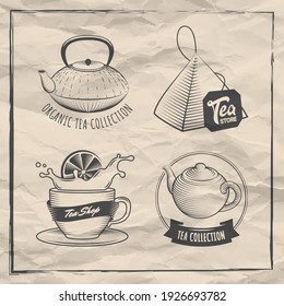 Tea shop labels. Vector tea store logos with teapots, cups and accessories. Vintage badges for cafe with vintage paper background