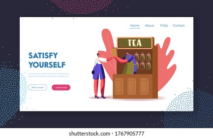 Tea Shop Landing Page Template. Salesman in Apron Give Pack with Tea Leaves to Woman Customer. Character Retail Traditional Asian Tea Standing at Booth with Goods. Cartoon People Vector Illustration
