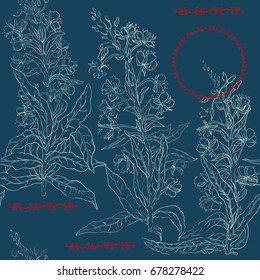 Tea shop. Linear graphic. Vector seamless pattern. Willow-herb.