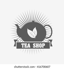 Tea shop logo or badge design template with tea pot