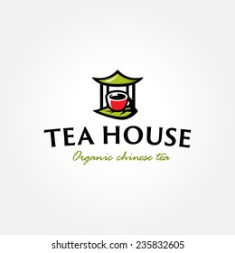 Tea shop logo symbol icon template with green leaf and teacup