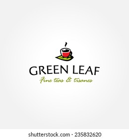 Tea shop logo symbol icon template with green leaf and teacup