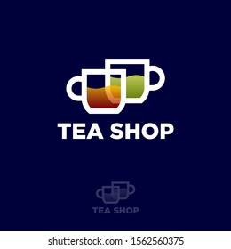 Tea shop logo. Two transparent cups with green and black tea. Premium product. Logo for cafe or tea shop.