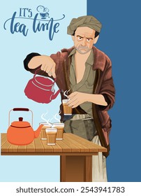 Tea shop, An old man making tea on his tea Stall, It is tea time poster